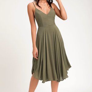 Lulu's NEVER WORN Chic Olive Green Midi Dress